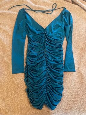 Teal Ruched Long-Sleeve V-Neck Dress